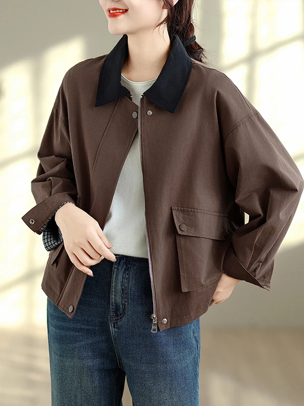Fashionable Hong Kong Style Contrast Color Collar Workwear Jacket Short Loose Casual Top for Women Cotton Polyester Blend