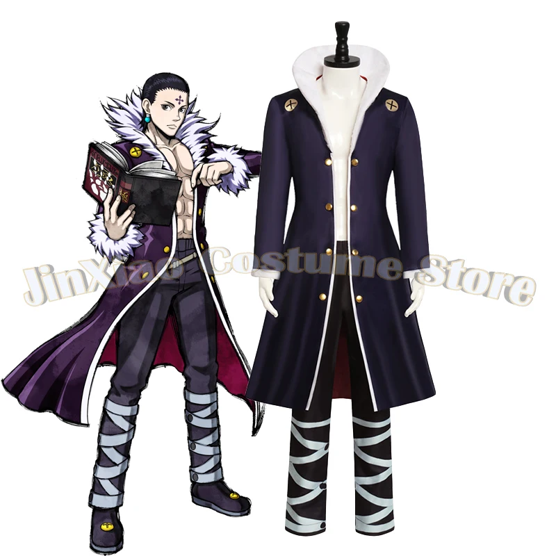 Anime Chrollo Lucilfer Cosplay Costume HUNTER Phantom Troupe Uniform Men Long Dark Trench White Fur Collar Pants Halloween Suit