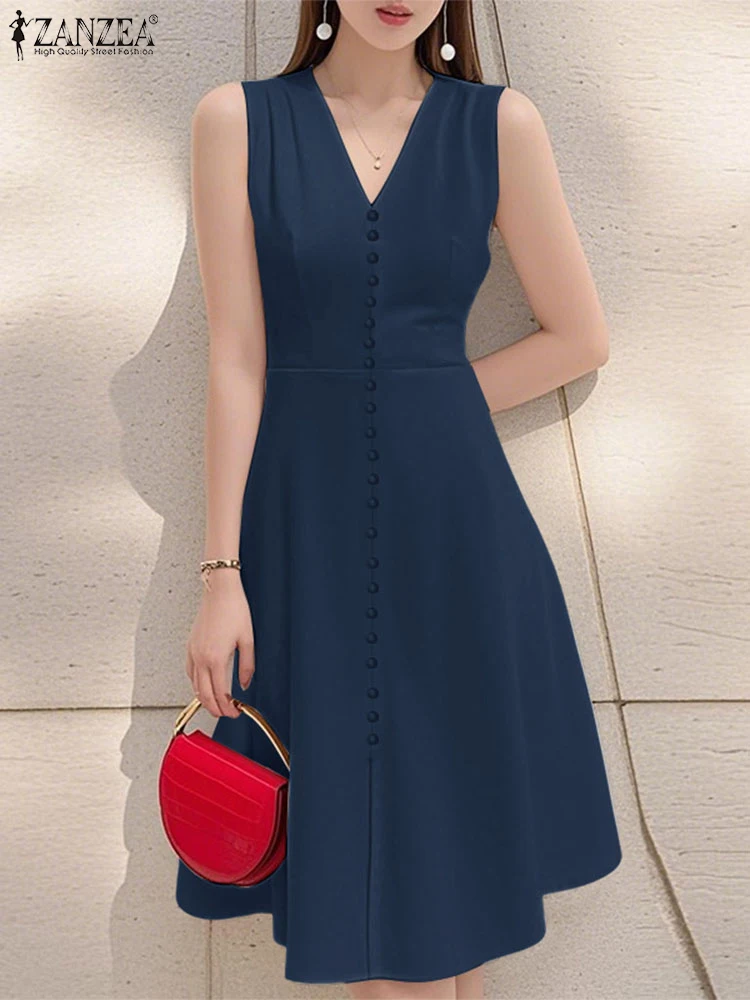 2025 ZANZEA vestido de verano para mujer, vestido veraniego OL de trabajo a la moda, Vestidos elegantes sin mangas con cuello en V, Vestidos de fiesta sólidos, bata Sarafans