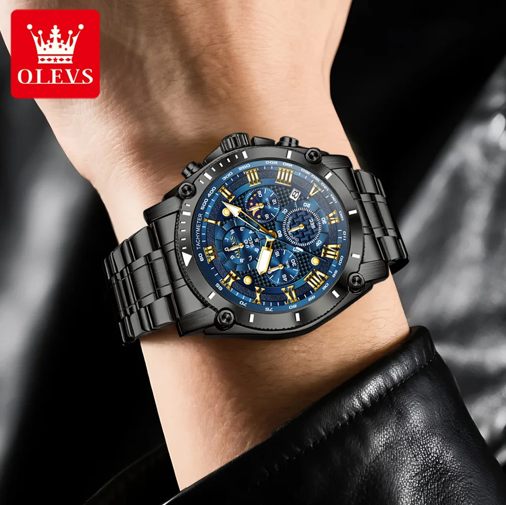 OLEVS 3689 Orologio da uomo Orologio al quarzo di marca di lusso Classico quadrante grande Cronografo con fasi lunari Orologio impermeabile Orologio da uomo originale