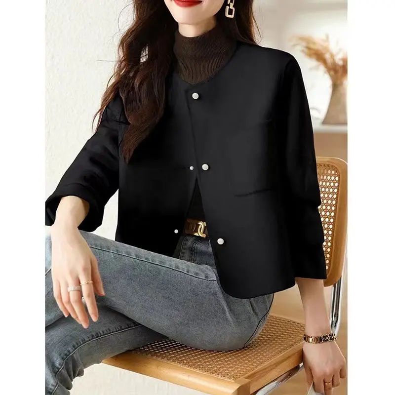 Women Clothing New Autumn Winter Korean Fashion Elegant Luxury Chic Cropped Coat Casual O Neck Solid Long Sleeve Outewear Jacket