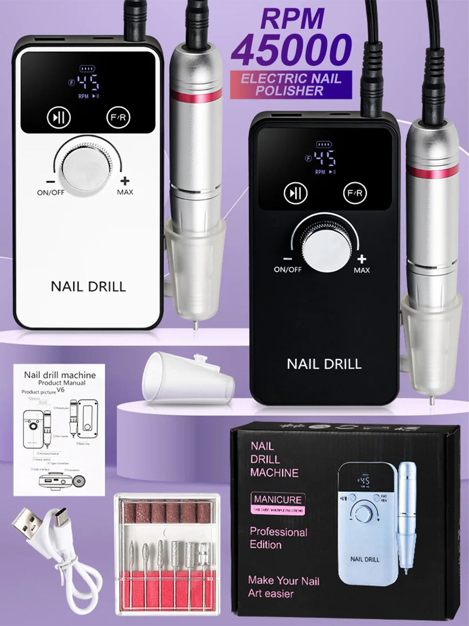 45000 U/min Professionelle Nagelbohrmaschine, wiederaufladbar, elektrische Nagelschleifmaschine, Feile für Maniküre, Gel-Nagellack-Schleifmaschine, geräuscharm – Detail 1