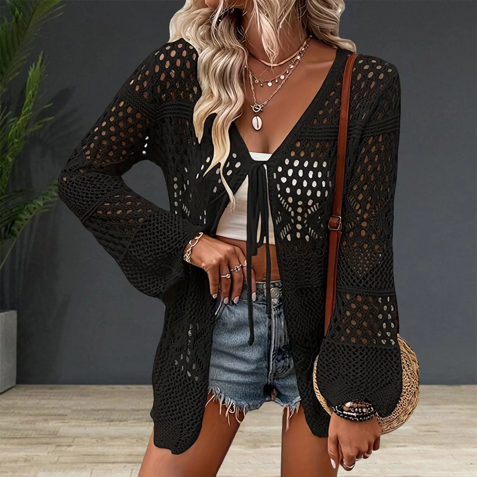 

Women Swimsuit Crochet Swim Cover Up Summer Bathing Suit Swimwear Mesh Knit Beach Dress Vacation Women Long Sleeve Cardigans