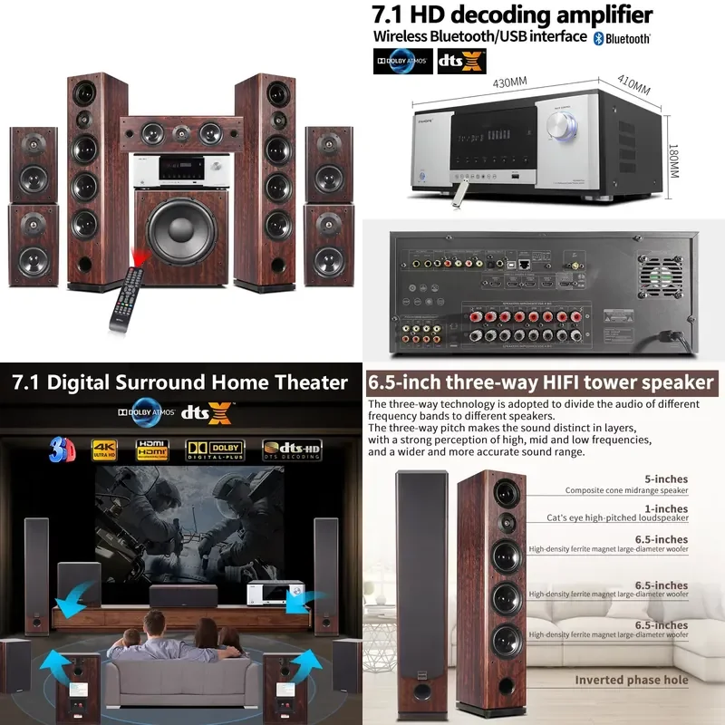 2026 7.1 Tower Home Theater System Surround Sound Wooden Home Theatre System with Digital Amplifier Supporting 3D/8K