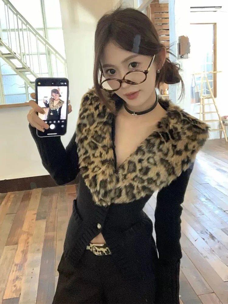 Sexy Leopard Knitted Cardigan Women Vintage Streetwear Fall Winter Patchwork Sweaters Korean Button Slim Fit Hotsweet New Coats - Image 2