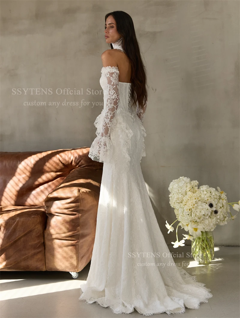 SSYTENS Custom Elegant White Lace Mermaid Wedding Dresses High Neck Ruched Bride Dresses Long Sleeve Corset Backless Bridal Gown