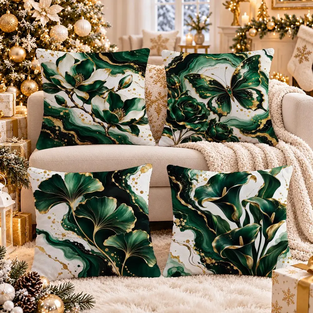 Emerald Gilded Bloom Cushion Cover 1/4Pcs Soft Plush Cushion Case Throw Pillowcase Cozy Home Sofa Bed Living Room Decor