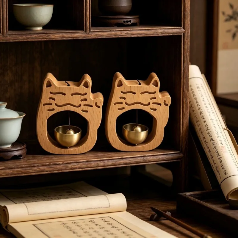 A93E-Wood Lucky Cat Copper Bell-Door Chime In Traditional Retro Style For Home And Business