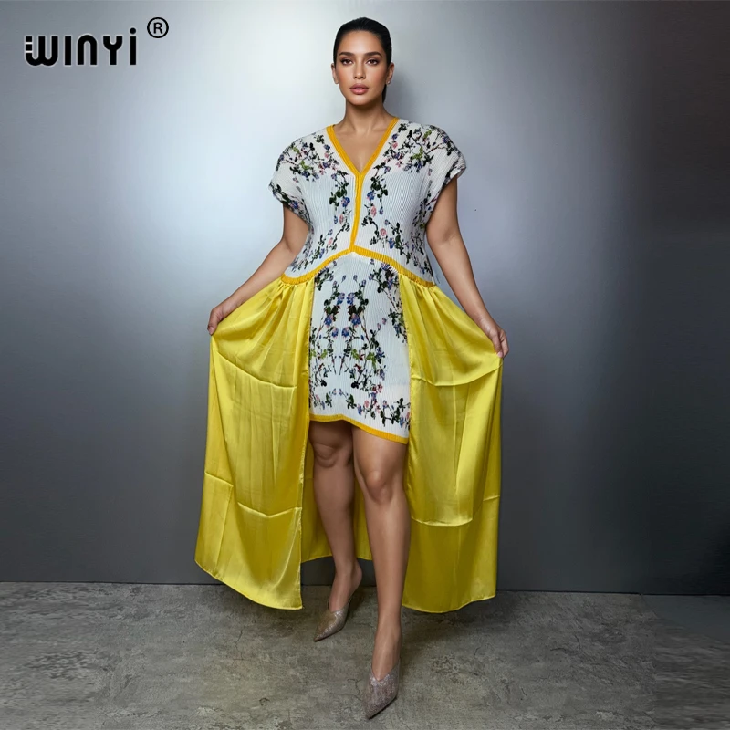 

Летнее платье WINYI с V-образным вырезом, плиссированное, эластичное, сексуальное, для отпуска, пляжа, кафтан, абайя, роскошное платье для вечеринок в Дубае, бохо-платье, вечернее платье.