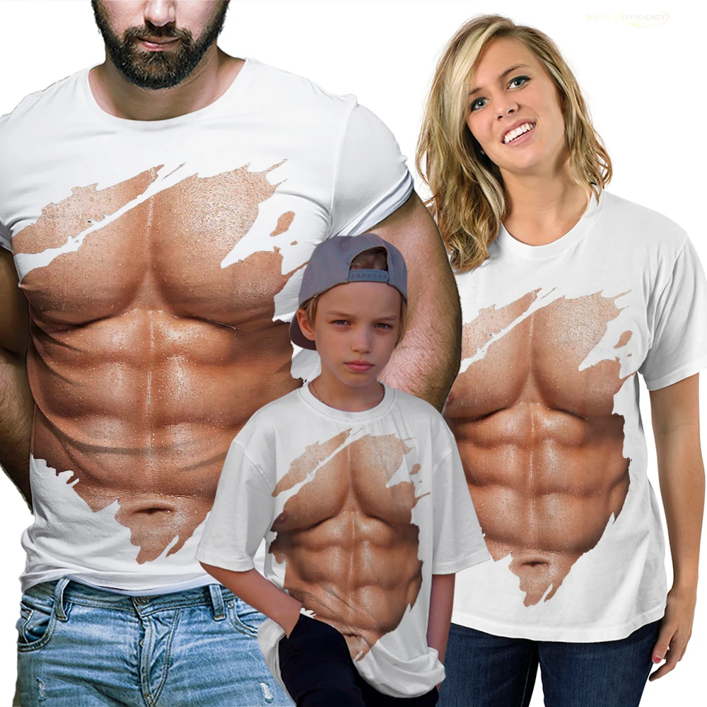 2024   Funny Fake Muscle Strong 3D Printed T-Shirt Men Fashion Casual Sports Short Sleeve Tee Streetwear Cosplay Fake Abs Tops