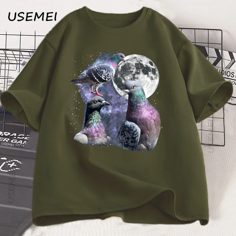 Three Pigeon Retro Graphic T-shirts Pigeon Moon T Shirt Oversized Bird Tee Men Women Printed Cotton Short Sleeve Clothes Tops - Image 4
