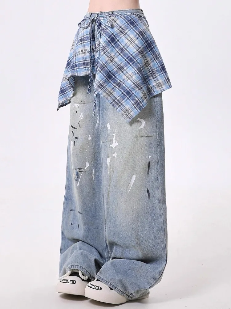 Detachable Splatter Print Drop Tail Jeans Women Summer Streetwear Wide Leg Trousers Loose Trendy Denim Pants Y2K Style