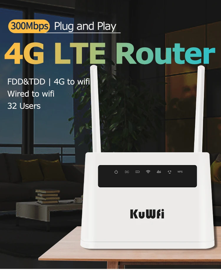 KuWFi 4G LTE Router 300Mbps Wireless WIFI Router With SIM Card Slot Dual External Antennas Support 32 User Built-in Battery