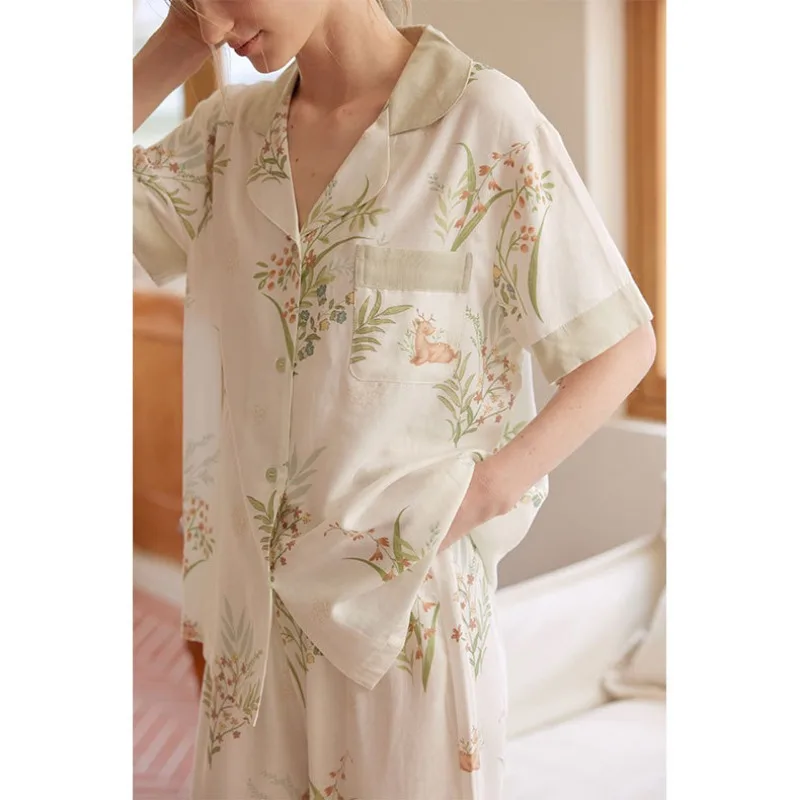 2024 Summer Double-layer Bamboo Cotton Gauze Pajamas for Women Light Elegant Print Lapel Contrast Short Sleeve Loungewear Set