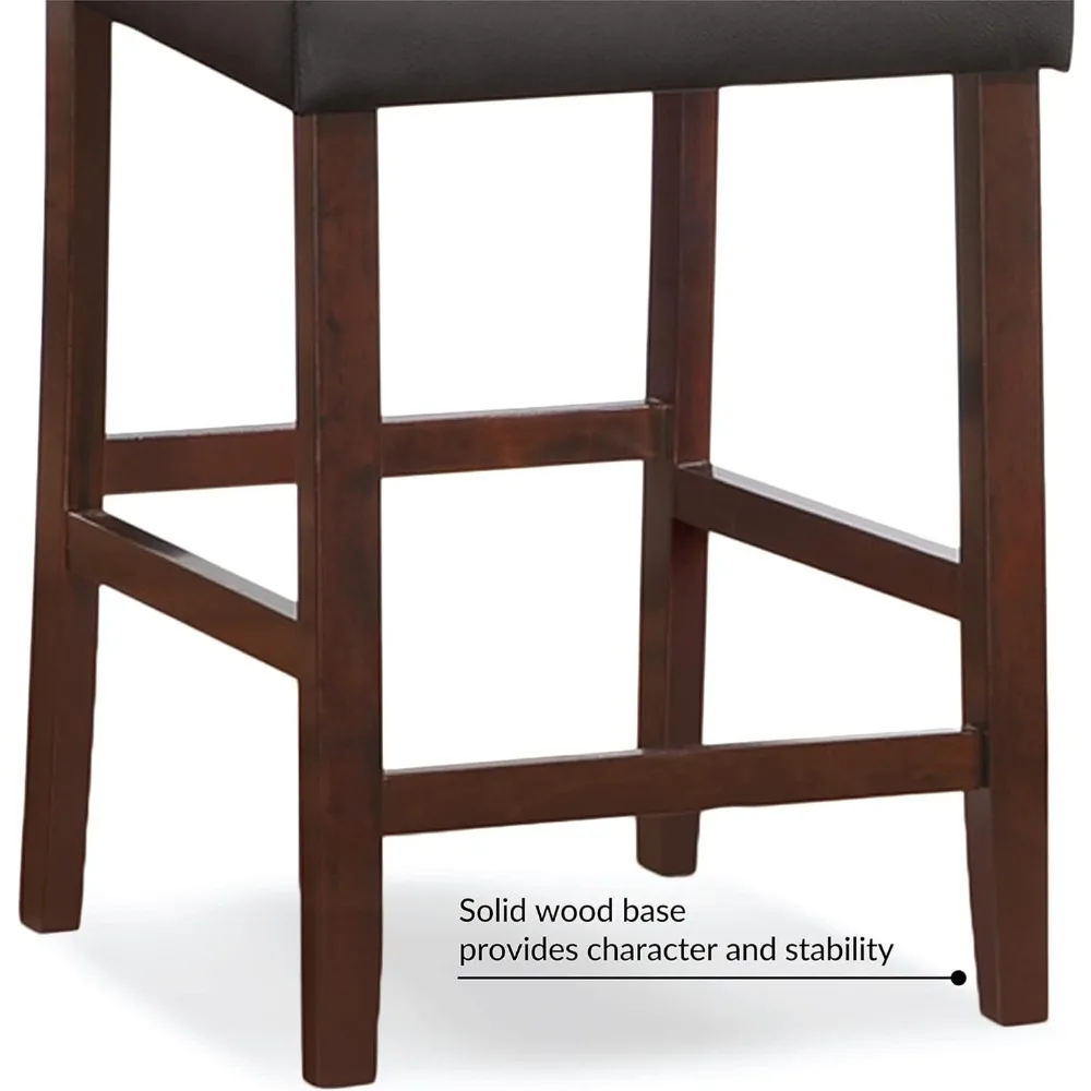 Upholstered Back Counter Height Stool with Faux Leather Seat and Wood Base