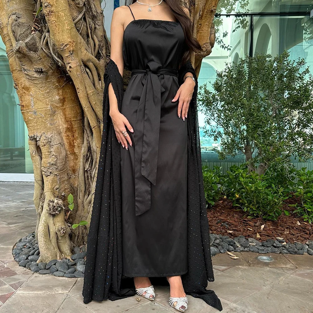 

Saudi Arabia Evening Gowns Sleeveless Straight Satin Square Neck Tea Length Spaghetti Straps Pleats Crystal Party Gowns Classic