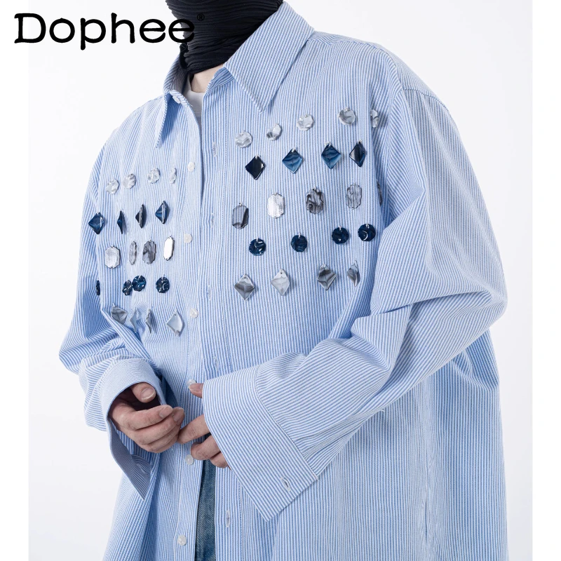 

Мужские рубашки высокого класса с оригинальным дизайном, осень 2023, свободные полосатые шикарные рубашки с длинными рукавами, мужские легкие роскошные уникальные топы с бисером