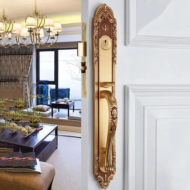 

Популярный роскошный европейский дверной замок для отелей, цельномедный, для входной двери виллы, с золотой резной длинной ручкой, для деревянных дверей