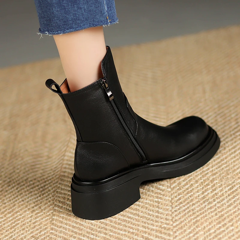 2024 Women Genuine Leather Ankle Boots Thick Heels Warm Motorcycle Shoes Female Autumnm Winter Short Shoes Boots Platform Boots