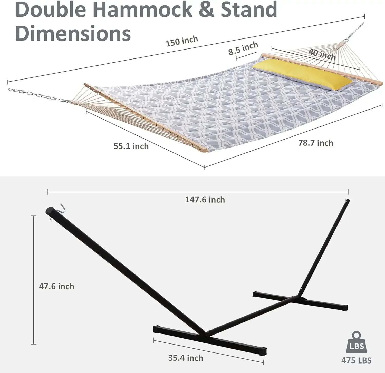 Hamaca doble para exteriores con soporte incluido, capacidad de 475 libras, resistente, para 2 personas