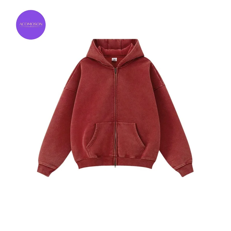 ACOMOSON Oversize High Quality Hoodie Street Mens Oversized Fleece Lined Fall Winter Zip Up Sweatshirts For Workout Gym