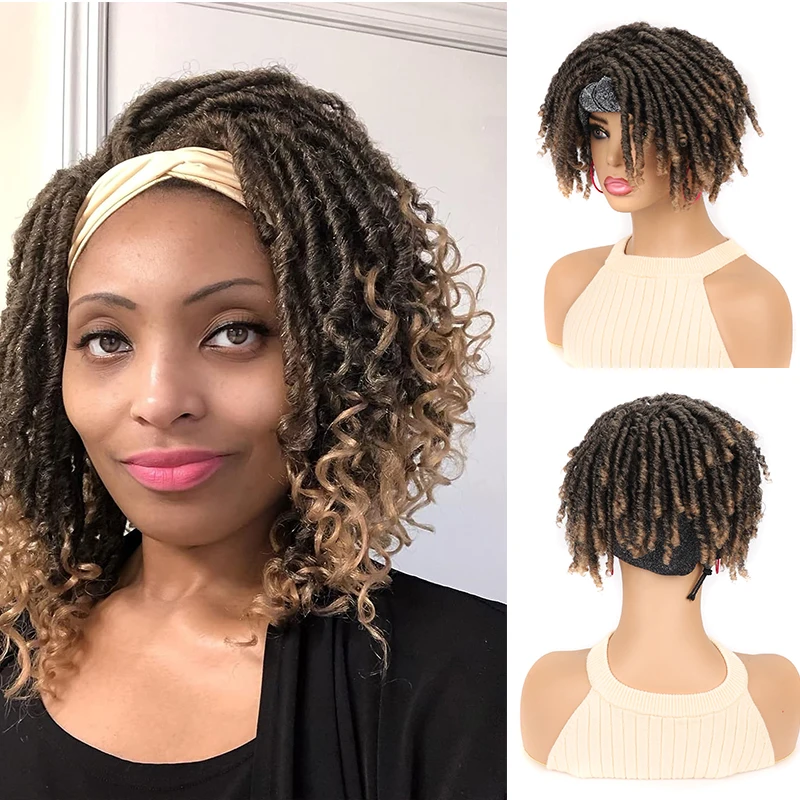 Short Headband Dreadlock Wigs for Women Ombre Blond Soft Goddess Faux Locs Wig with Scarf 8'' Synthetic Locs Turban Wig Cospaly