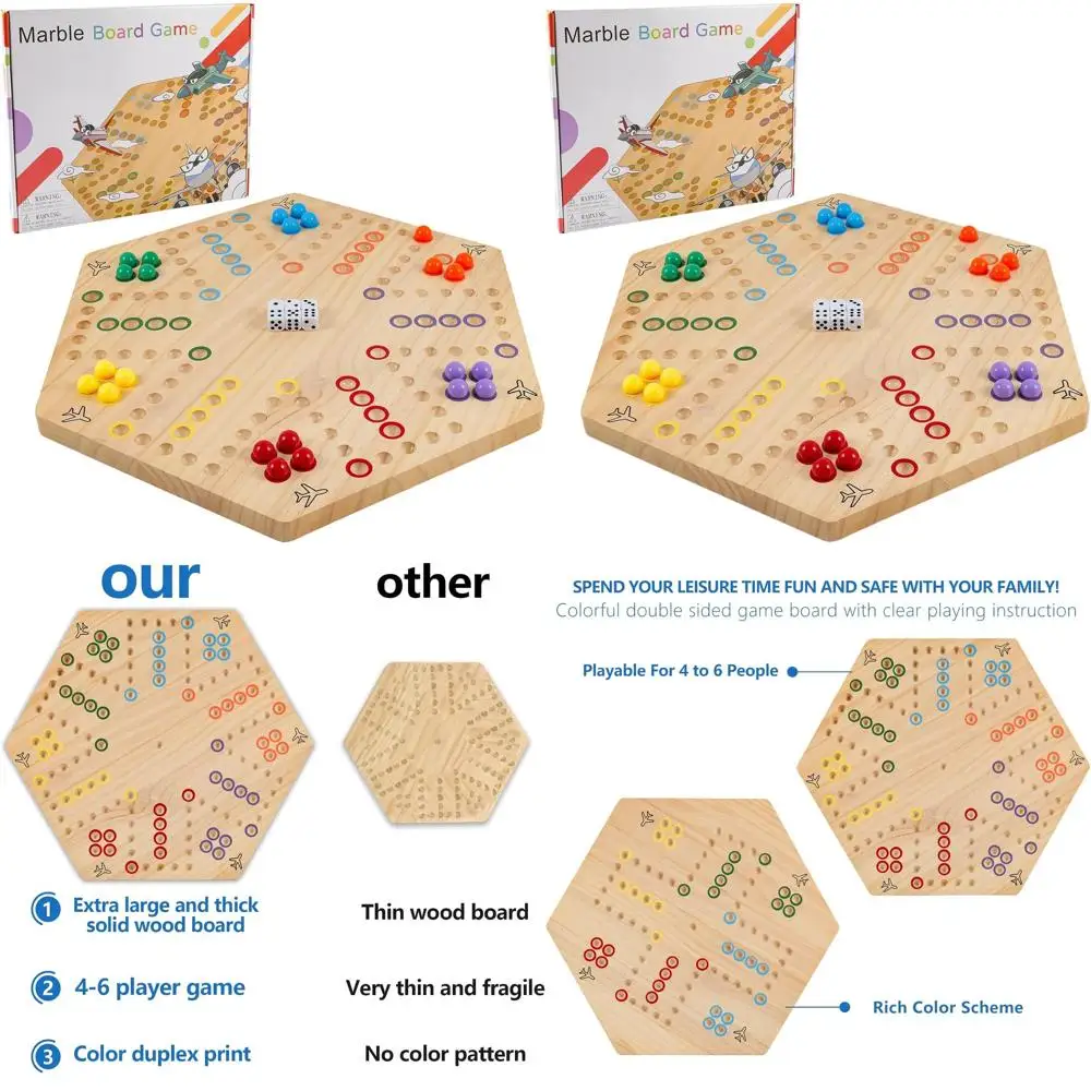 

Double-Sided Wooden Wahoo Game Board, 20 for 4-6 Players, Classic Strategy with 6 Dice & 24 Marbles