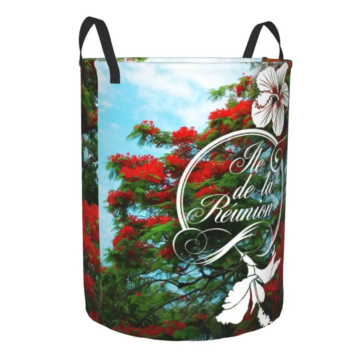 974 Reunion Island Flamboyant Hibiscus Laundry Basket Collapsible Flowers Pattern Clothes Hamper for Baby Kids Toys Storage Bag