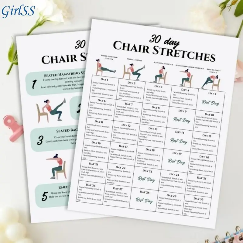6Pcs Yoga Chair Workout Charts 30 Day Chair Exercises Plan Poster For Travel Morning Working Family Friend Sports T4MB