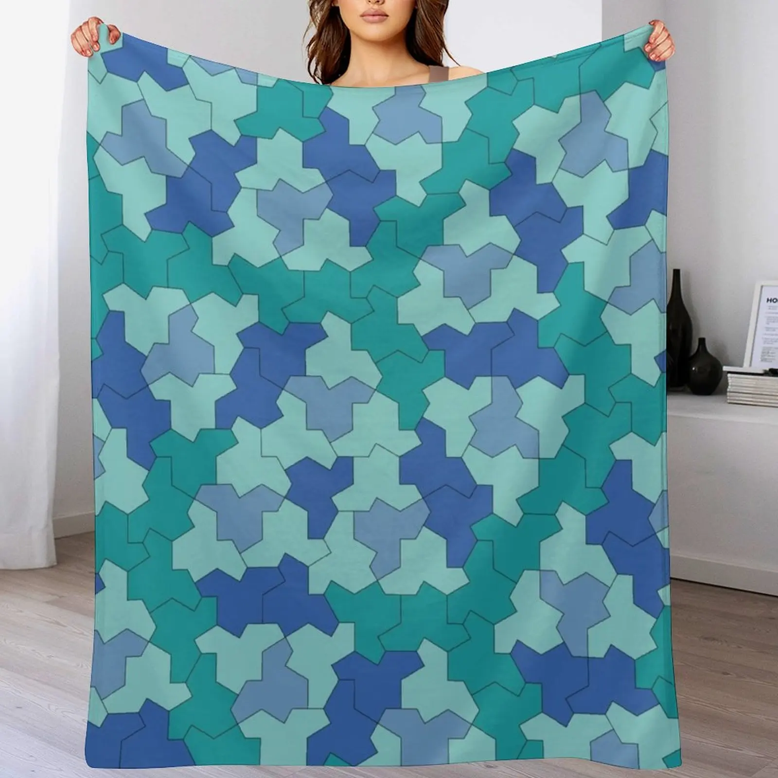 

Aperiodic Monotile Einstein Tiles, Einstein Shapes in Blue and Green Throw Blanket manga Loose Blankets