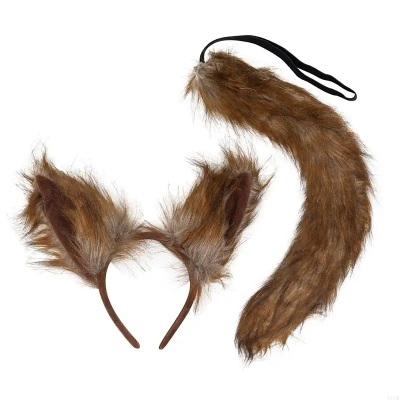 H58E Wolf Tail with Wolf Ears Hairband Set Foxes Ears Headwear Plush Animal Tail Foxes Cosplay Set