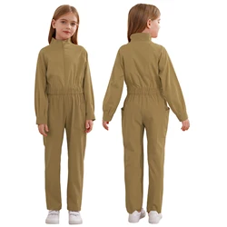 Kids Girls Solid Color Mechanic Coverall Flightsuit Long Sleeve Zipper Jumpsuit Elastic Waist Rompers with Pockets Flight Suit