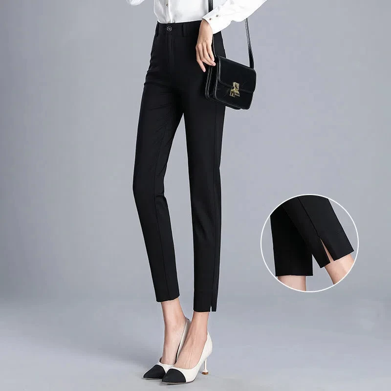 Women\'s Clothing Trouser Suits Trousers Office Lady Button Solid Color Pockets Spring Autumn Zipper Pencil Cropped Pants