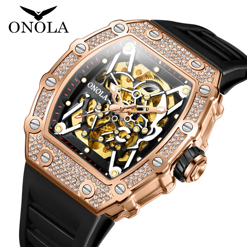 

ONOLA 3829 Brand Luxury Diamond Wine Barrel Watch Men's Automatic Mechanical Watch Fashion Mechanical Dial Sports Watche for Man