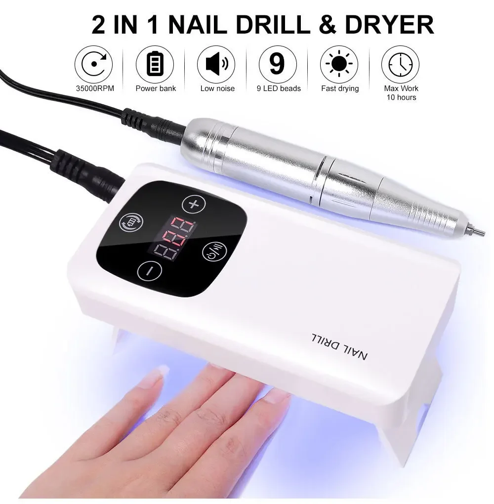 2 In 1 Elektrische Bestanden Oplaadbare 45000Rpm Boormachine Met Lamp Nageldroger Lamp Salon Draagbare Nail Art Manicure Tools