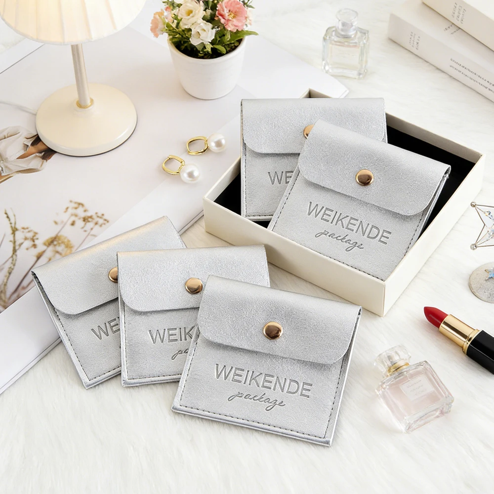 

100Pack Custom Logo Soft PU Leather Button Snap Bag Small Ring Earring Organizer Pouch Jewelry Packaging Bags Wedding Favors