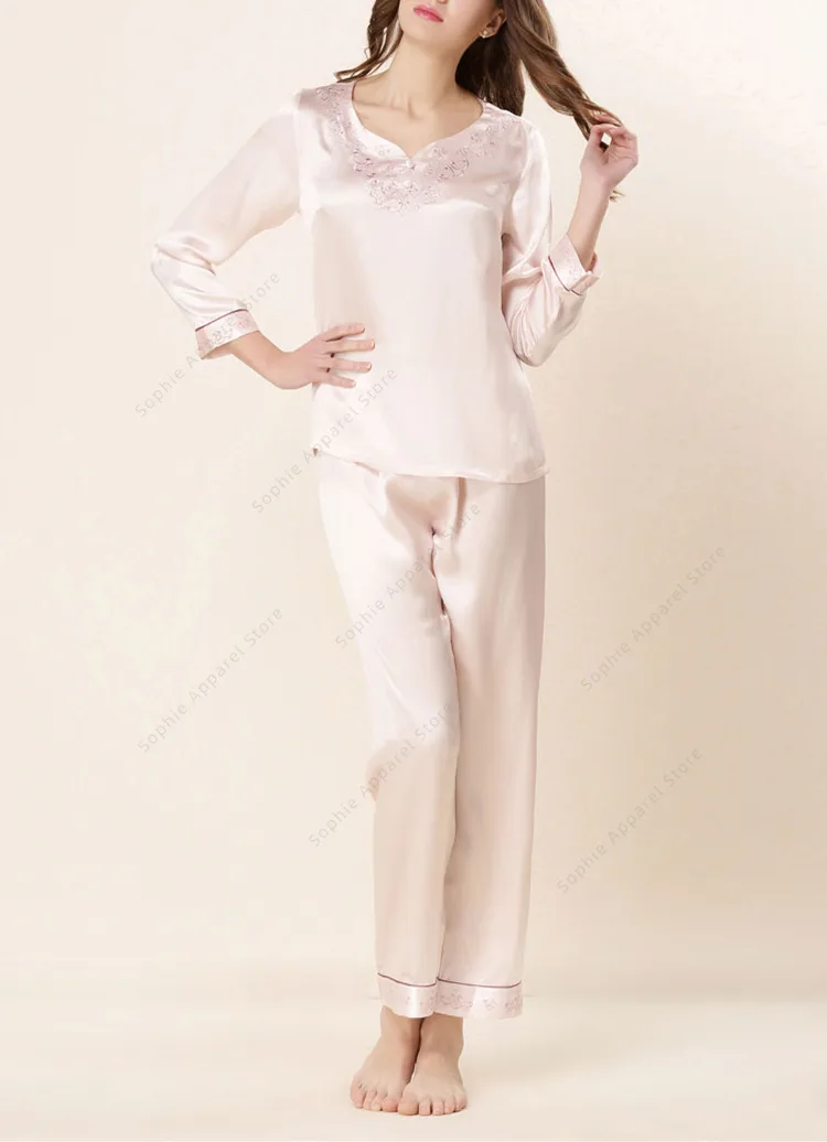 100% Pure Mulberry Silk Pajamas Set for Women Nightgown Classical Sleepwear Embroidered Summer Women's Loungewear