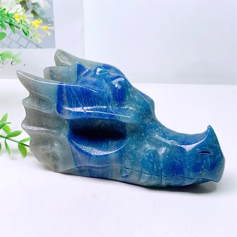 Natural Blue Aventurine Dragon Skull Carving Head Polished Animal Powerful Statue For Home Decoration Gift 1pcs