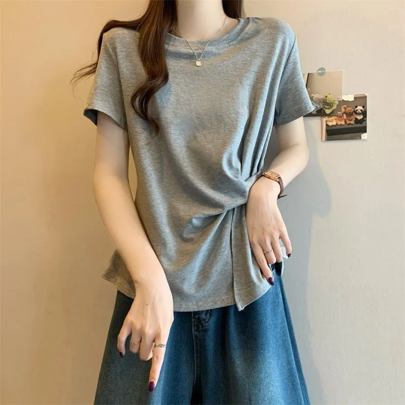 Women's Casual Twist Hem T-Shirt Solid Color Short Sleeve Crew Neck Loose Fit Summer Top
