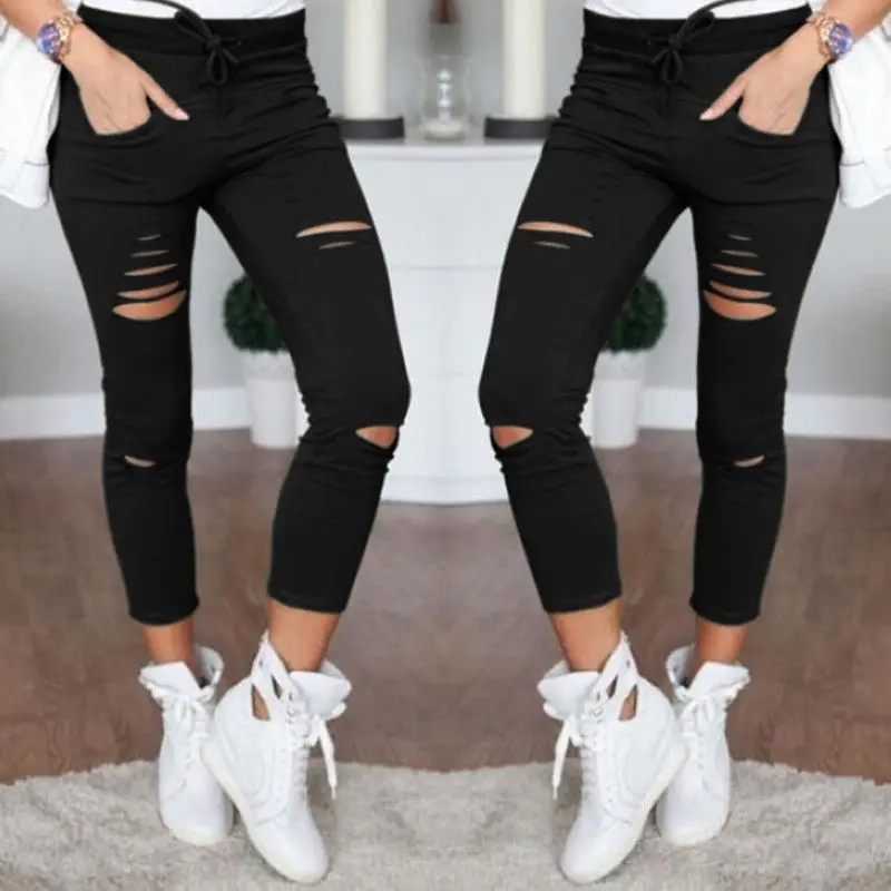 Zagros Women High Waisted Hollow Out Pencil Pants, Stretchy Slim Skinny Broken Hole Streetwear Trousers
