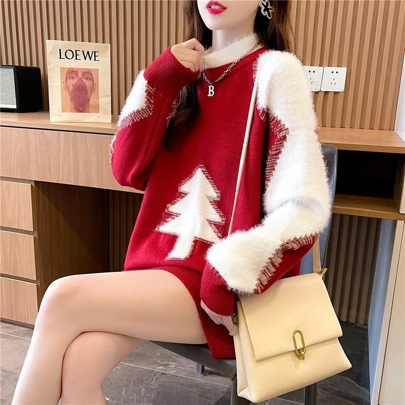 #3812 Black Blue Red Vintage Christmas Tree Split Joint Mohair Knitted Sweater Women Half High Collar Knitwear Pullover Female