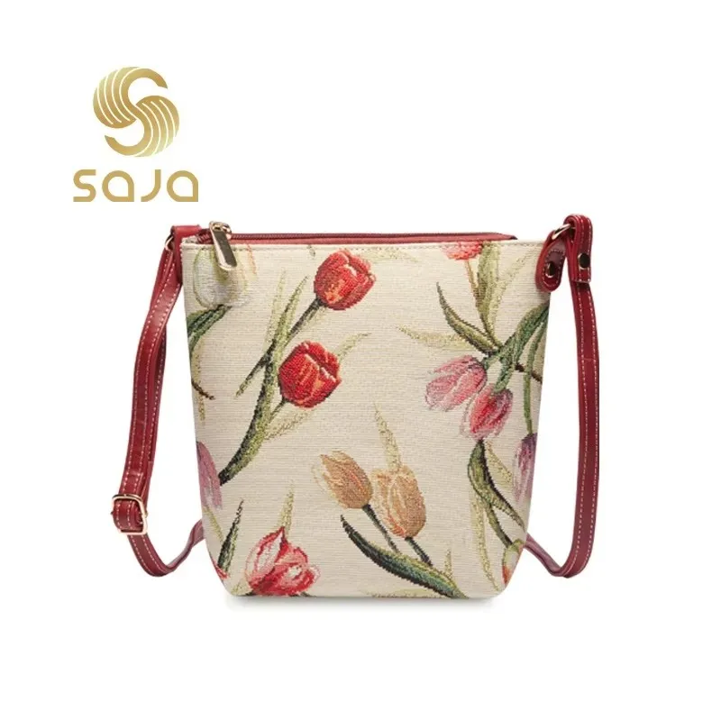 

SAJA Tapestry Shoulder bag Crossboby Female bag for Women Tulip Flower Pattern Leisure Travel bag Purse handbags for Ladies Girl