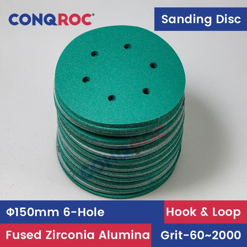 

100 Pieces 150mm 6-Hole Sanding Discs Fused Alumina Zirconia Dry and Wet Sandpapers Polyester Film Hook & Loop Grit 60~2000