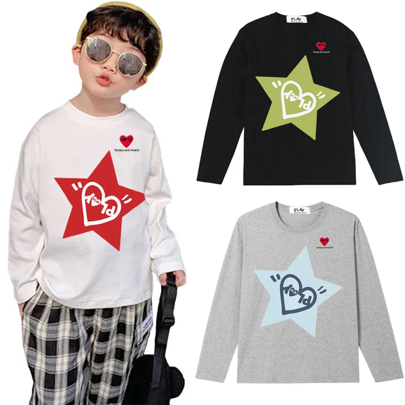 Boy Girl Long Sleeve T-Shirt Cotton Heart Letter Embroidery Pentagram Letter Print O-Neck Straight Spring Autumn Casual T-Shirt