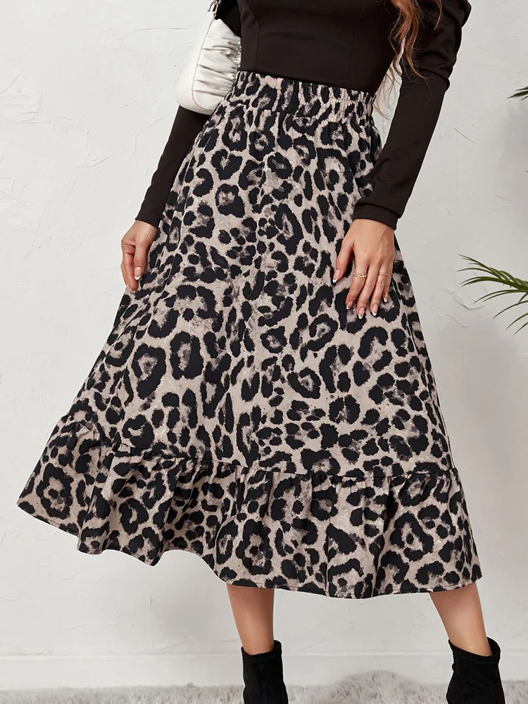 

Chiffon Pleated Skirt Women Summer Sexy Leopard Printed Mid-Calf Gray Coffee Loose Long Skirts High Waist