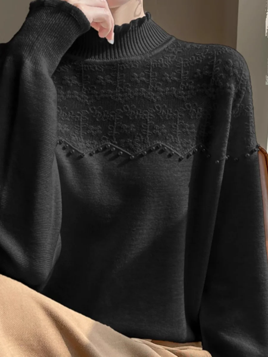 Faionable Embellied Knit Sweater Women's f High Collar Pearl Hook Flower Knitted Top Outerwear Super Sli Autumn Wi...