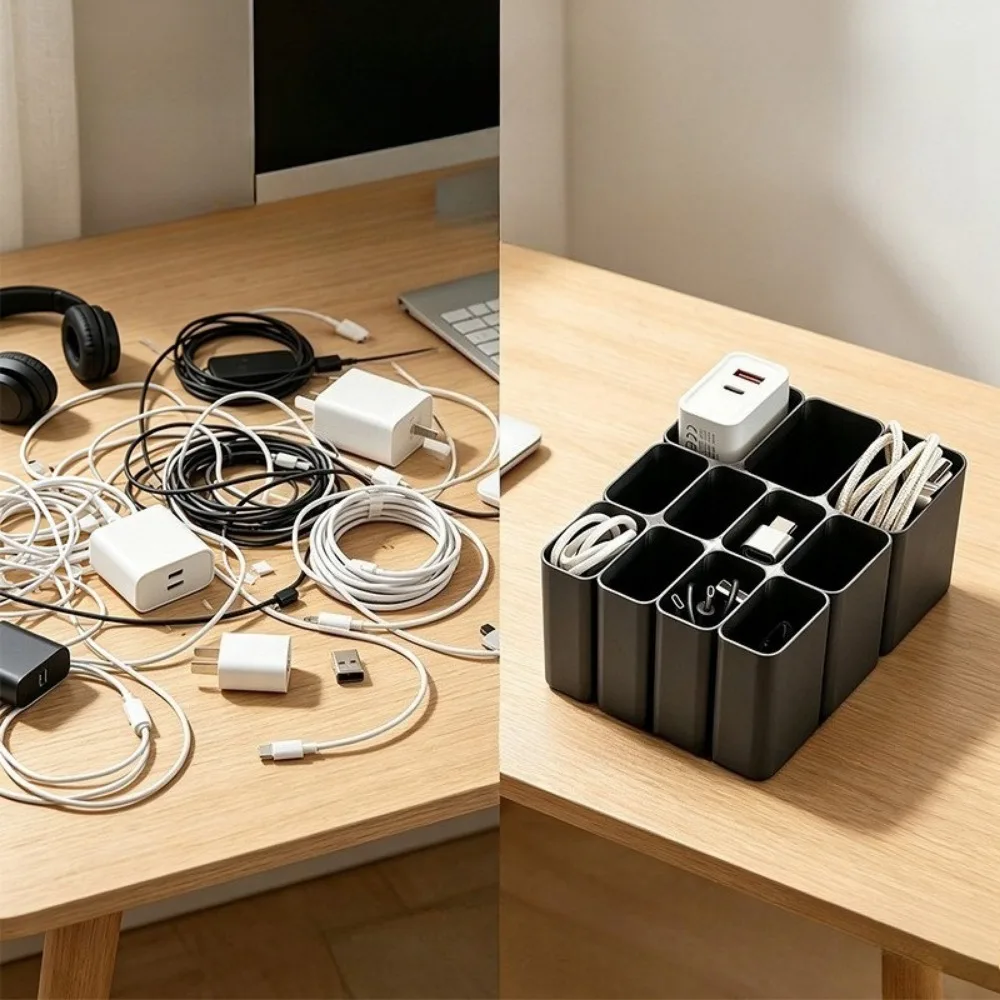 11/22 Grids USB Cable Storage Tray Wire Management Box Desktop Electronic Accessory Organizer for Home Office Holiday Present