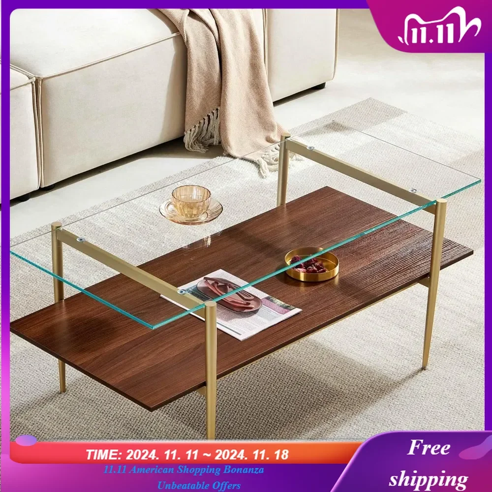 Tadio Glass Coffee Table, Clear Double Layer Glass Coffee Table for Living Room, Clear Glass and Coffee Brown Bottom Shelf