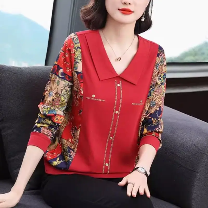 Middle Aged and Elderly Mothers' Loose Long Sleeved T-shirt Western-style Chiffon Patchwork Top Autumn New Thin Style Small Shi