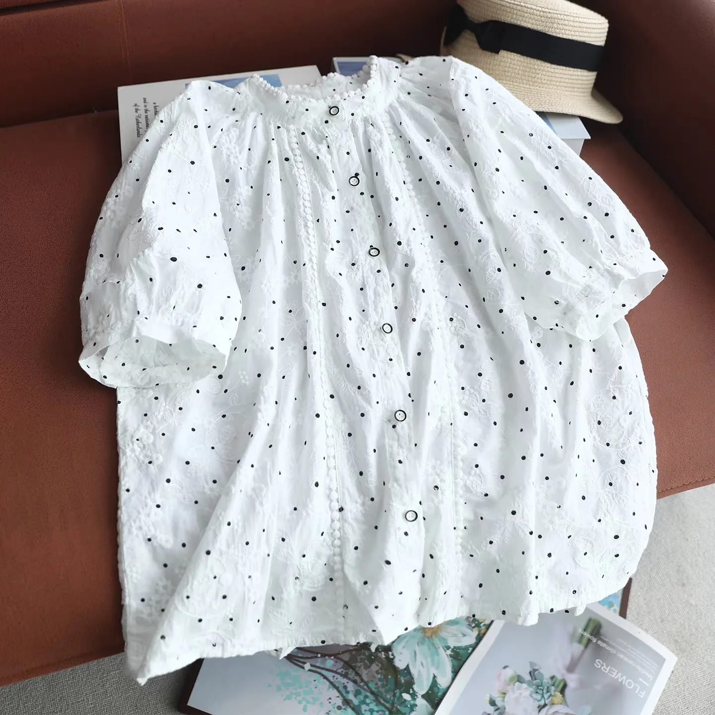 2026 Women Japanese Style Polka Dot Eyelet Embroidery Blouse Scalloped Lace Trim Short Sleeve Cottagecore Cotton Shirts